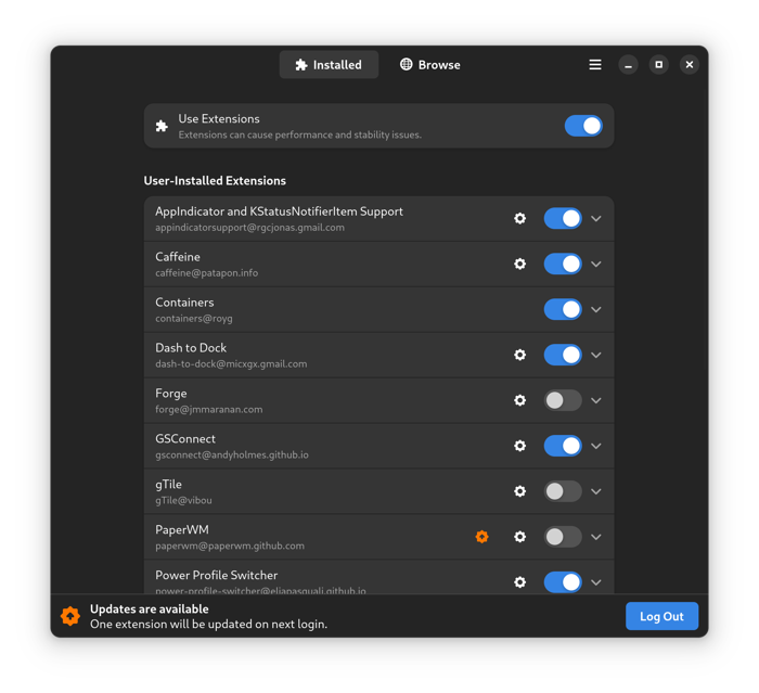 Extension Manager main pannel